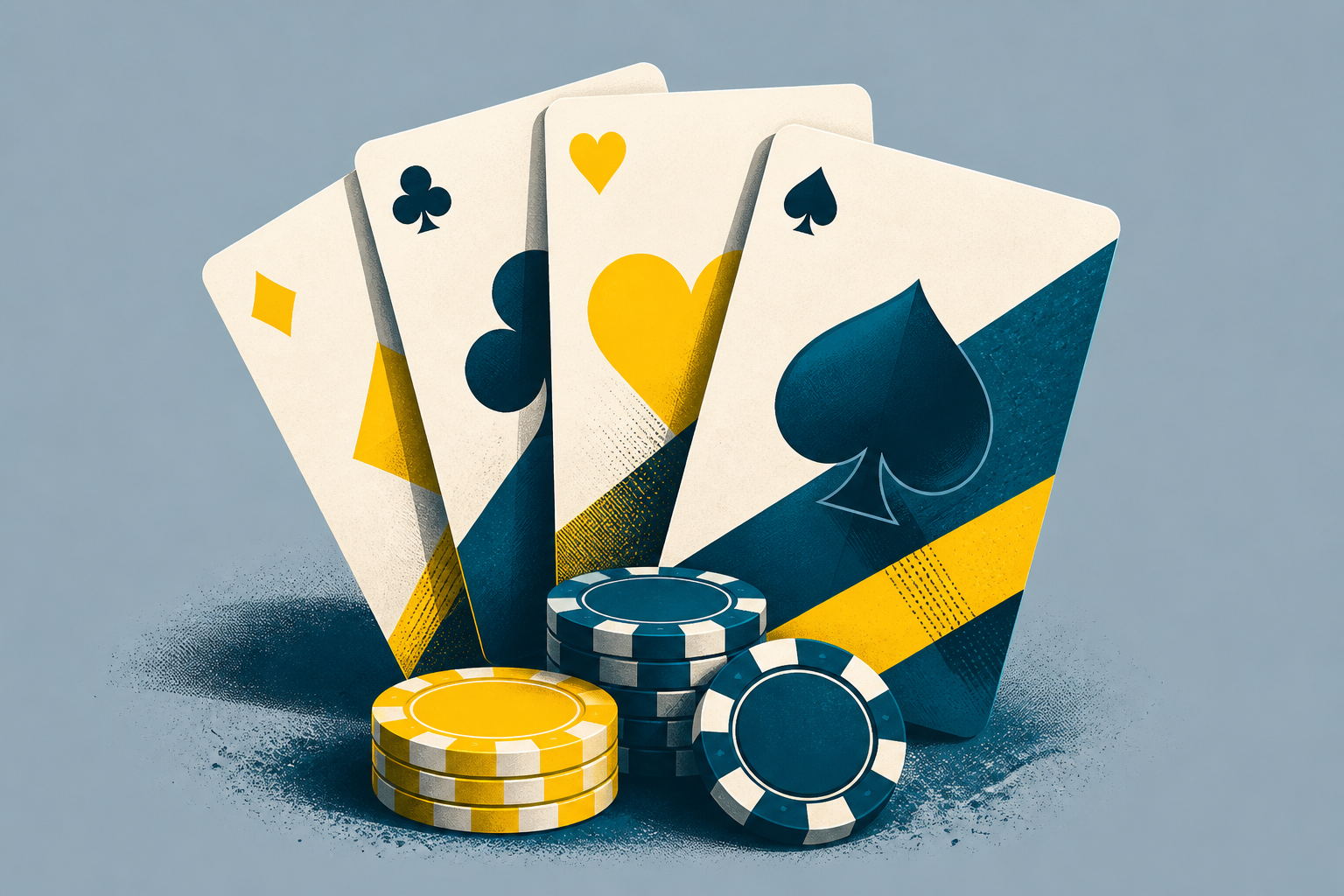 Playing cards and chips arranged as an editorial still life